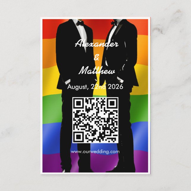 Elegant Modern Gay Men Wedding Rainbow QR Code Enclosure Card (Back)