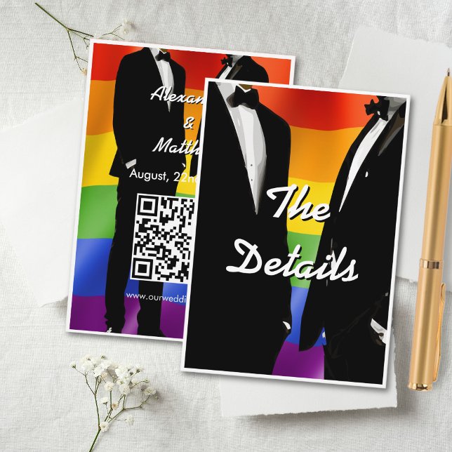 Elegant Modern Gay Men Wedding Rainbow QR Code Enclosure Card (Creator Uploaded)