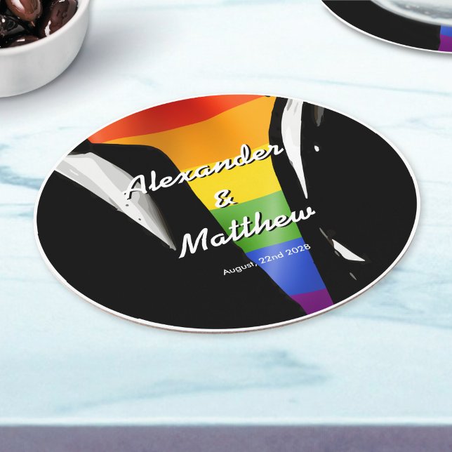 Elegant Modern Gay Men Wedding Rainbow Round Paper Coaster (Creator Uploaded)