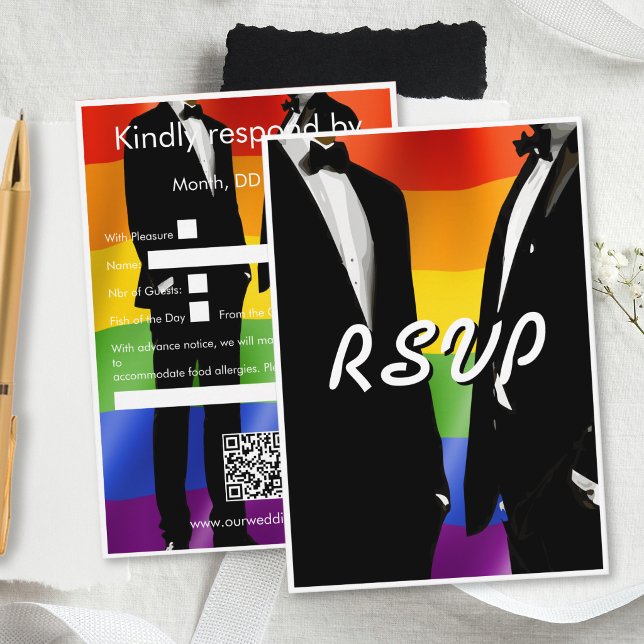 Elegant Modern Gay Men Wedding Rainbow RSVP Card (Creator Uploaded)