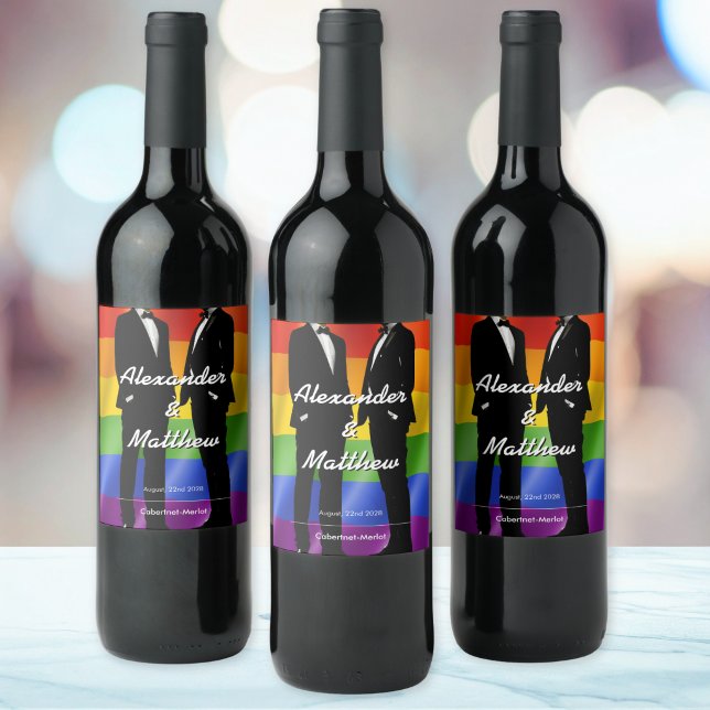 Elegant Modern Gay Men Wedding Rainbow Wine Label (Creator Uploaded)