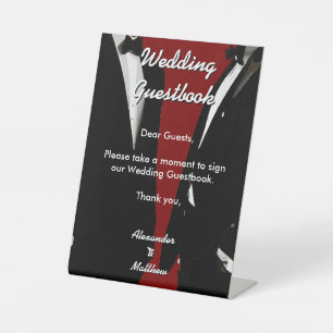 Elegant Modern Gay Men Wedding Red Guestbook Pedestal Sign