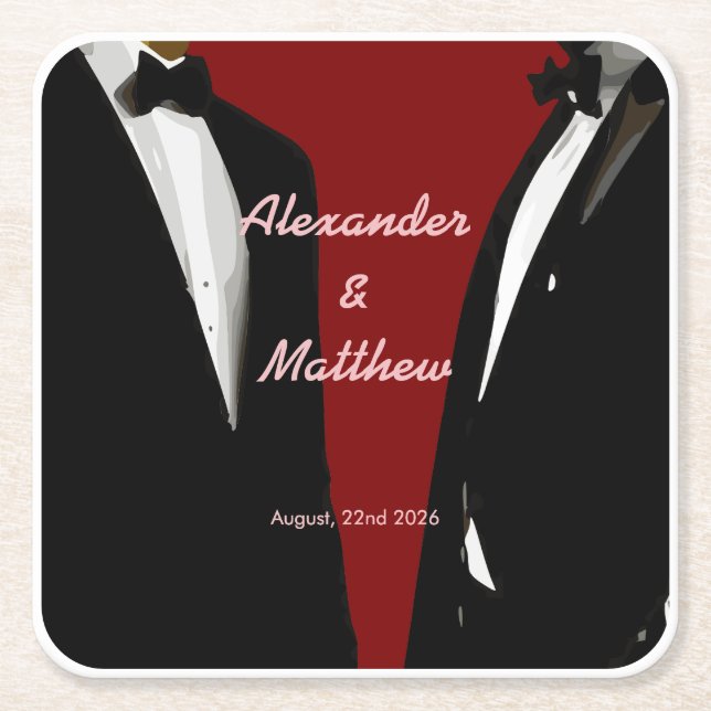 Elegant Modern Gay Men Wedding Square Paper Coaster (Front)