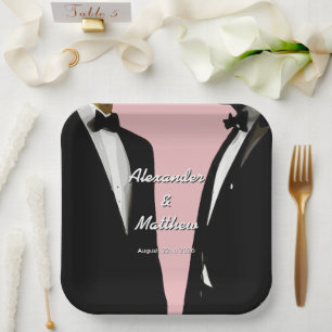 Elegant Modern Gay Men Wedding Tuxedo Pink Paper Plate