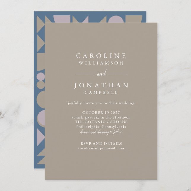 Elegant Modern Geometric Blue Taupe Lilac Wedding Invitation (Front/Back)