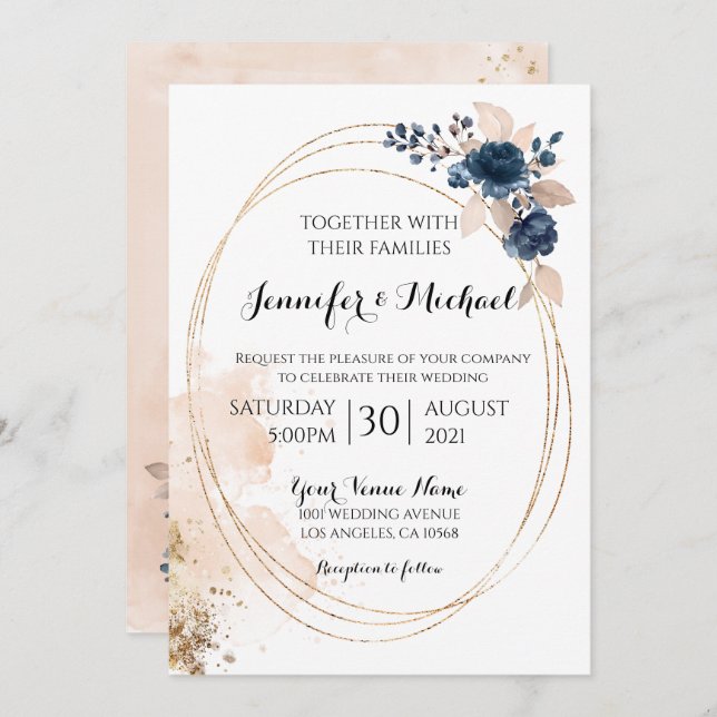 Elegant Modern Geometric Round Gold Frame Floral Invitation (Front/Back)