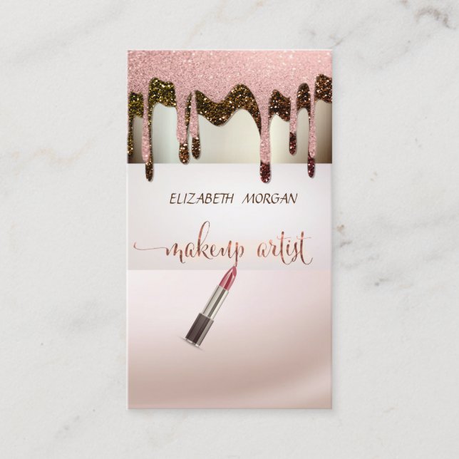 Elegant Modern Glitter Drops, Lipstick Business Card (Front)