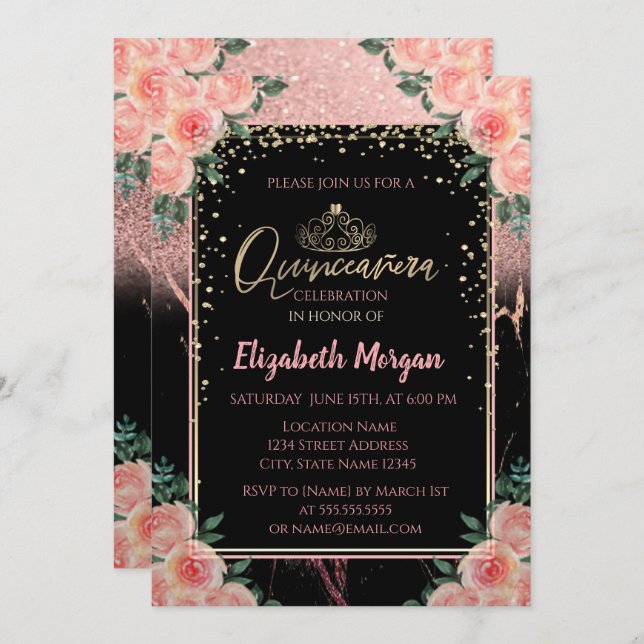 Elegant Modern Glitter Gold Tiara, Marble Flowers Invitation (Front/Back)