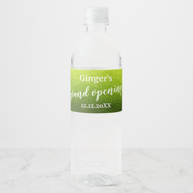 Elegant Modern Glitter Grand Opening Anniversary Water Bottle Label (Front)