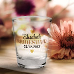 Elegant Modern Glitter Hearts Custom Wedding Party Shot Glass<br><div class="desc">Capturing the beauty of every moment in time. This is a keepsake for your bridesmaids to cherish forever! The modern,  simple calligraphy text design with their name customised makes this an elegant gift that will be treasured always.</div>