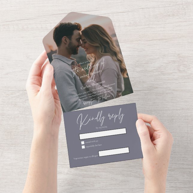 Elegant modern gloomy gray wedding photo with RSVP All In One Invitation (Tearaway)
