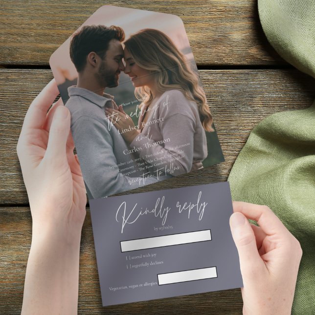 Elegant modern gloomy grey wedding photo with RSVP All In One Invitation (Creator Uploaded)