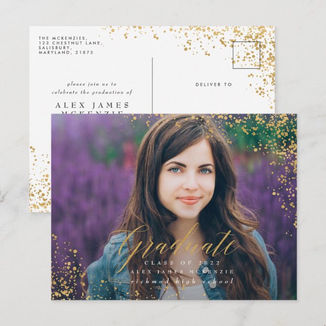 Elegant modern gold abstract speckled graduation announcement postcard (Front/Back)