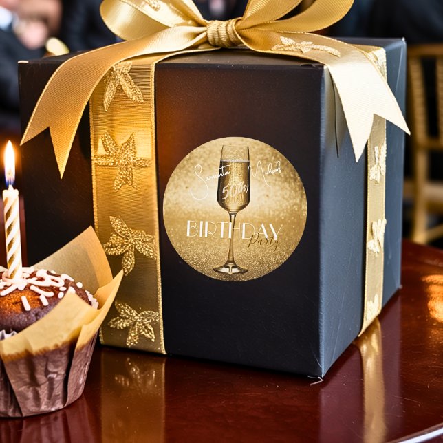 Elegant Modern Gold Adult Birthday Surprise Party Classic Round Sticker (Creator Uploaded)