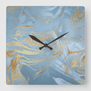 Elegant modern gold and blue marble look square wall clock
