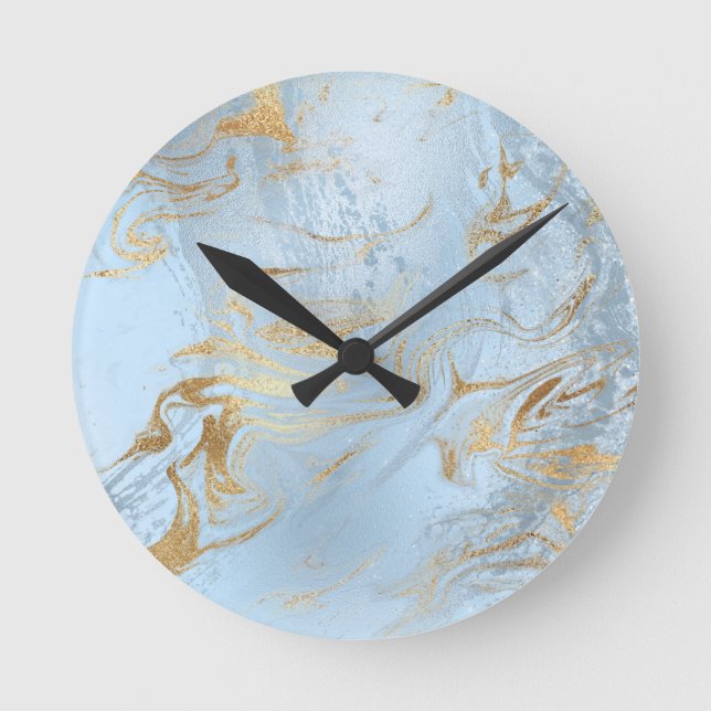 Elegant modern gold and light blue marble glitter round clock (Front)