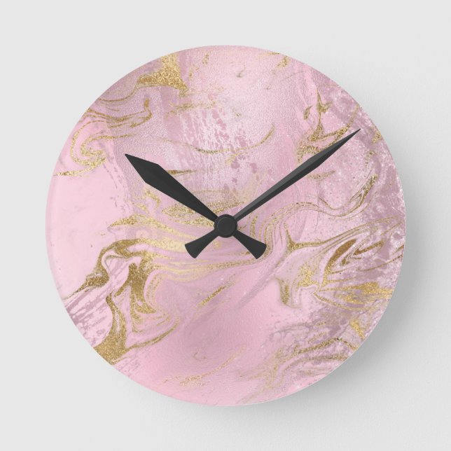 Elegant modern gold and rose gold marble & glitter round clock (Front)