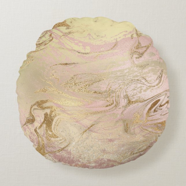Elegant modern gold and rose gold marble & glitter round cushion (Front)