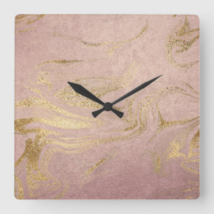 Elegant modern gold and rose gold marble look square wall clock