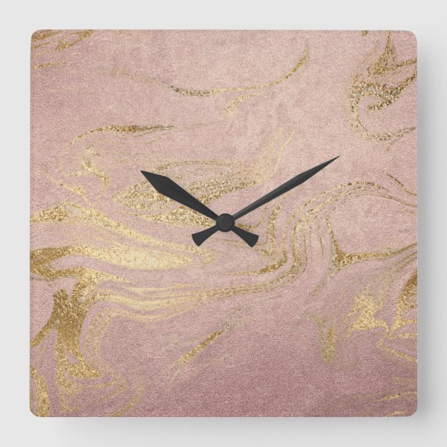Elegant modern gold and rose gold marble look square wall clock (Front)