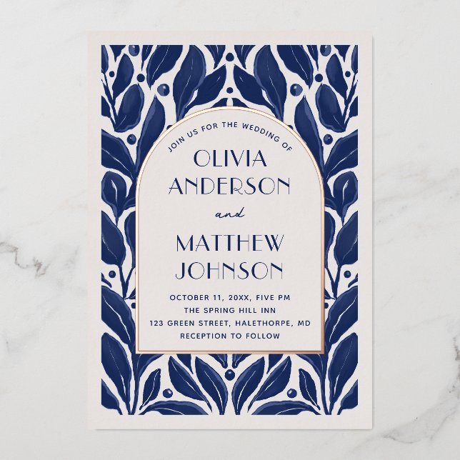 Elegant modern gold arch. Navy blue floral wedding (Front)