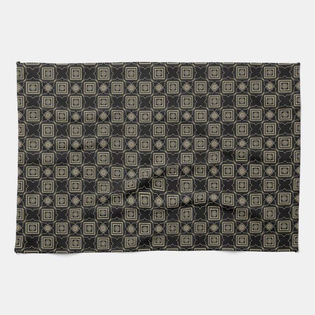Elegant Modern Gold Art Deco Squares Tiles Pattern Tea Towel (Horizontal)