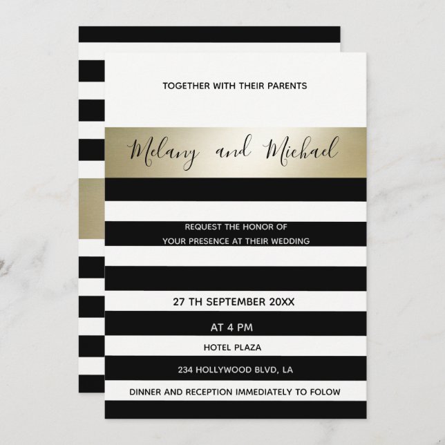 Elegant modern gold Black/white stripes Invitation (Front/Back)