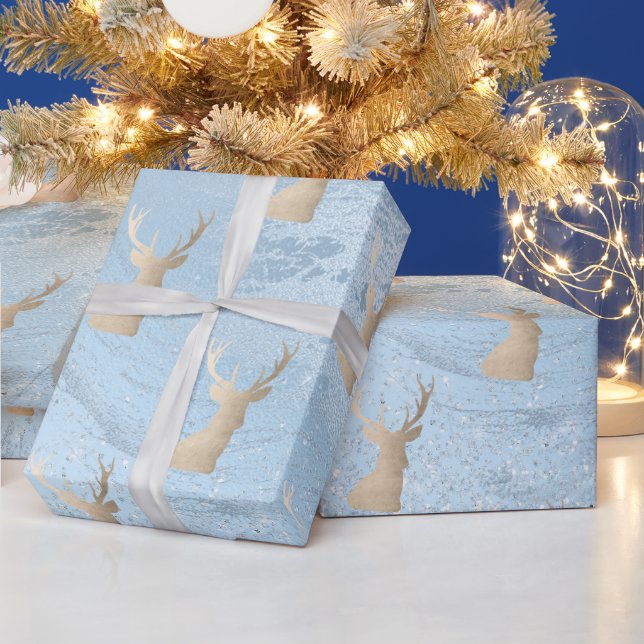 Elegant modern gold & blue Christmas deer pattern Wrapping Paper (Holidays)