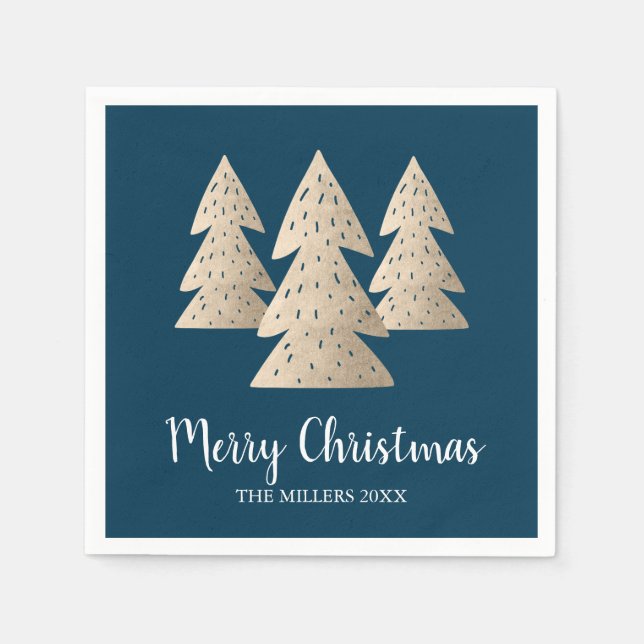 Elegant modern gold & blue Merry Christmas tree Napkin (Front)