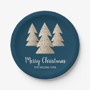 Elegant modern gold & blue Merry Christmas tree Paper Plate