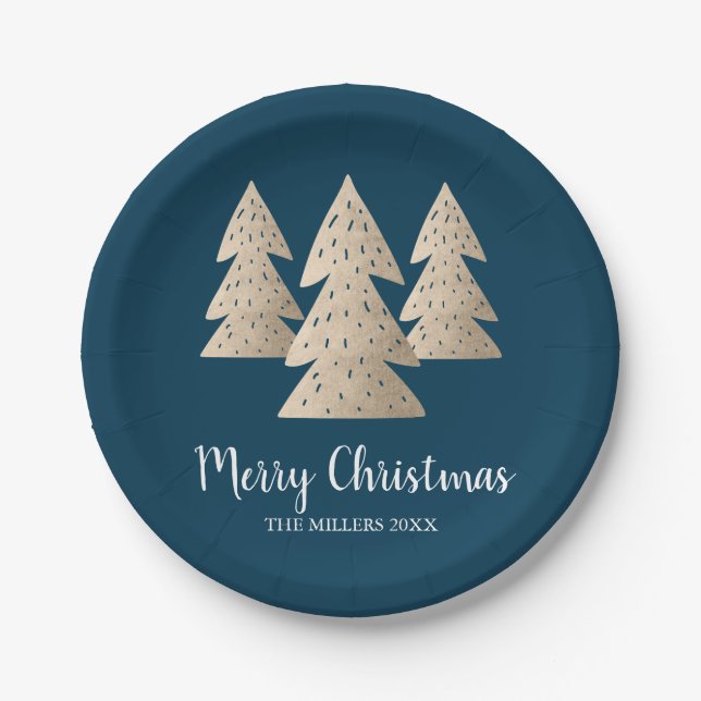 Elegant modern gold & blue Merry Christmas tree Paper Plate (Front)