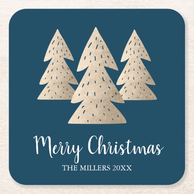 Elegant modern gold & blue Merry Christmas tree Square Paper Coaster (Front)