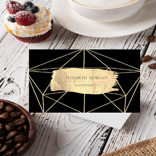 Elegant Modern Gold Brush Stroke Geometric,Black Business Card