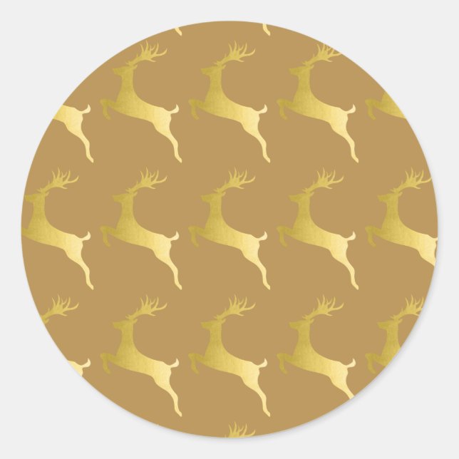 Elegant Modern Gold Christmas Reindeer Pattern Classic Round Sticker (Front)