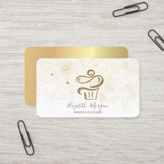Elegant Modern Gold Confetti Cupcake Business Card (Front/Back In Situ)