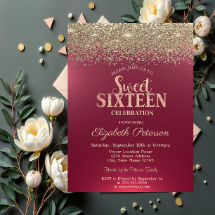 Elegant Modern Gold Confetti Diamonds Red Sweet 16 Invitation