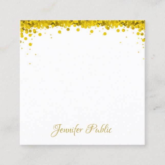 Elegant Modern Gold Confetti Hand Script Text Square Business Card (Front)