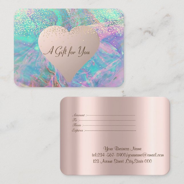 Elegant Modern Gold Confetti,Rose Gold Heart Opal Discount Card (Front/Back)