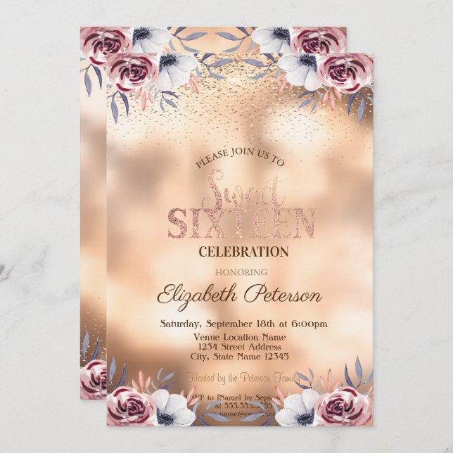 Elegant Modern Gold Confetti,Roses Sweet 16 Invitation (Front/Back)