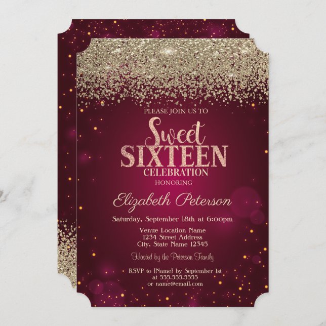Elegant Modern Gold Diamonds Red Sweet 16 Invitation (Front/Back)