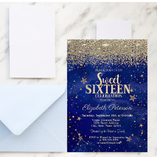 Elegant Modern Gold Diamonds Stars Blue Sweet 16 Invitation
