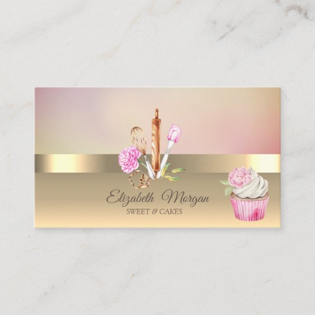 Elegant Modern Gold Floral Bakery Tools Cupcake Business Card (Front)
