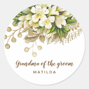 Elegant modern gold floral grandma of the groom classic round sticker