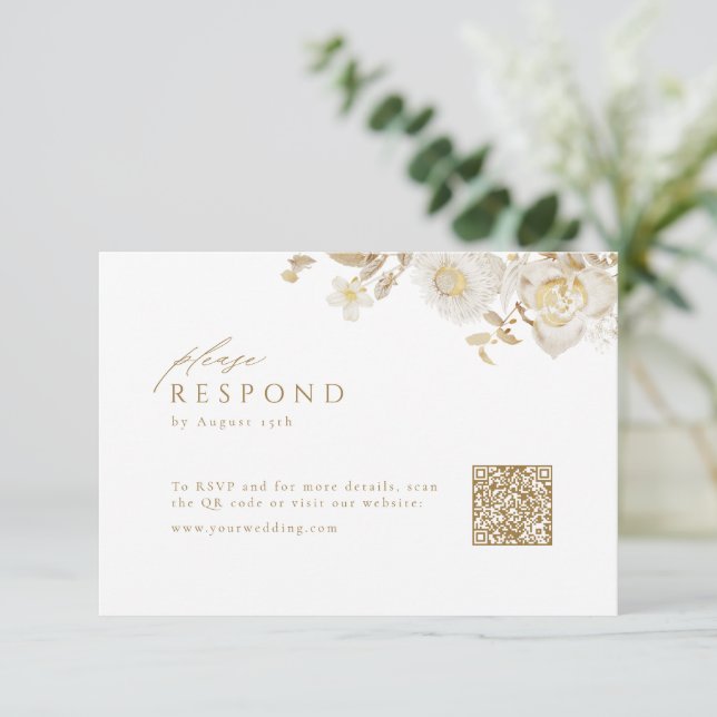 Elegant Modern Gold Floral Wedding QR code  RSVP Card (Standing Front)