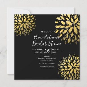 Elegant Modern Gold Foil Floral Black Invitation