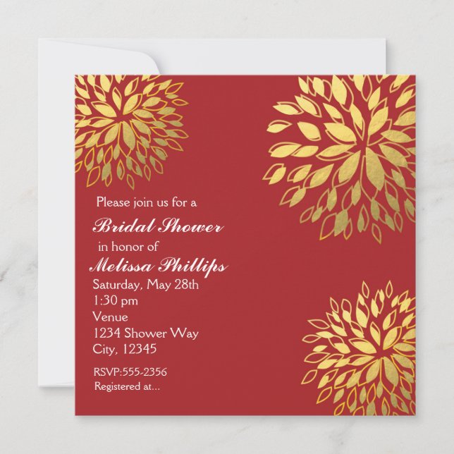 Elegant Modern Gold Foil Floral Dark Red Invite (Front)