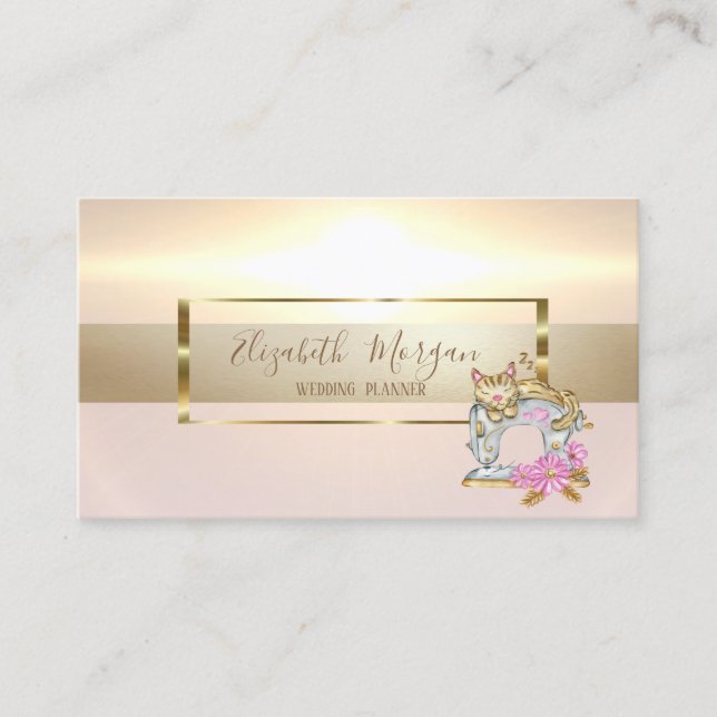 Elegant Modern Gold Frame Sewing Machine Cat Business Card (Front)