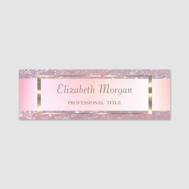 Elegant Modern, Gold Frame,Stripe, Glitter Name Tag (Front)
