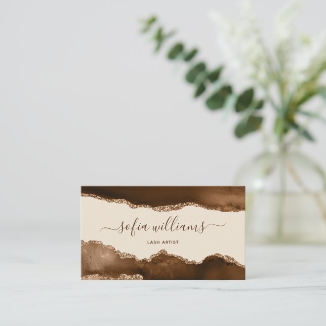 Elegant Modern Gold Glitter Brown Agate Business C Card (Standing Front)