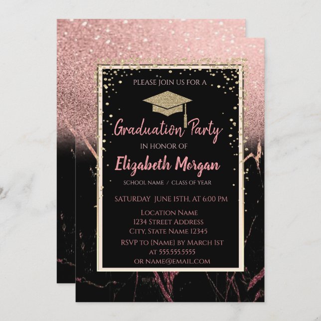 Elegant Modern Gold Glitter Graduation Cap,Marble Invitation (Front/Back)